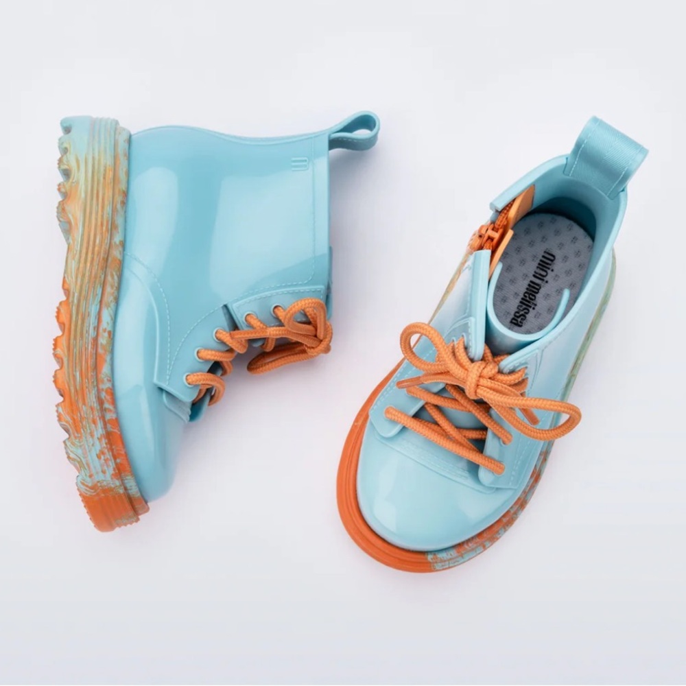 Melissa Kids Blue and Orange Glossy Rain Boots